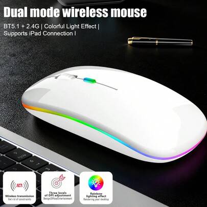 BT+2.4G Dual-Mode Wireless Mouse, Battery-Powered | Colorful Lighting Effects, Ambidextrous, Slim Optical Mouse For Computer/Laptop, Portable Wireless USB Receiver (Batteries Not Included)