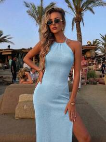 蓝色露背吊带针织连衣裙，女士春夏新款时尚优雅休闲连衣裙，适合派对、旅行、海滩度假，高开衩长款针织连衣裙，百搭修身性感度假连衣裙 - 淺藍色 - 查看 6