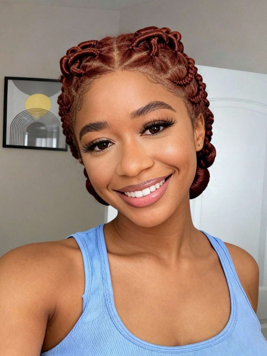 A ANYTIME Pelucas trenzadas sintéticas de encaje transparente completo, pelucas de trenzas de caja sin nudos, pelucas trenzadas Bantu naturales con cabello de bebé - Naranja - Ver 1
