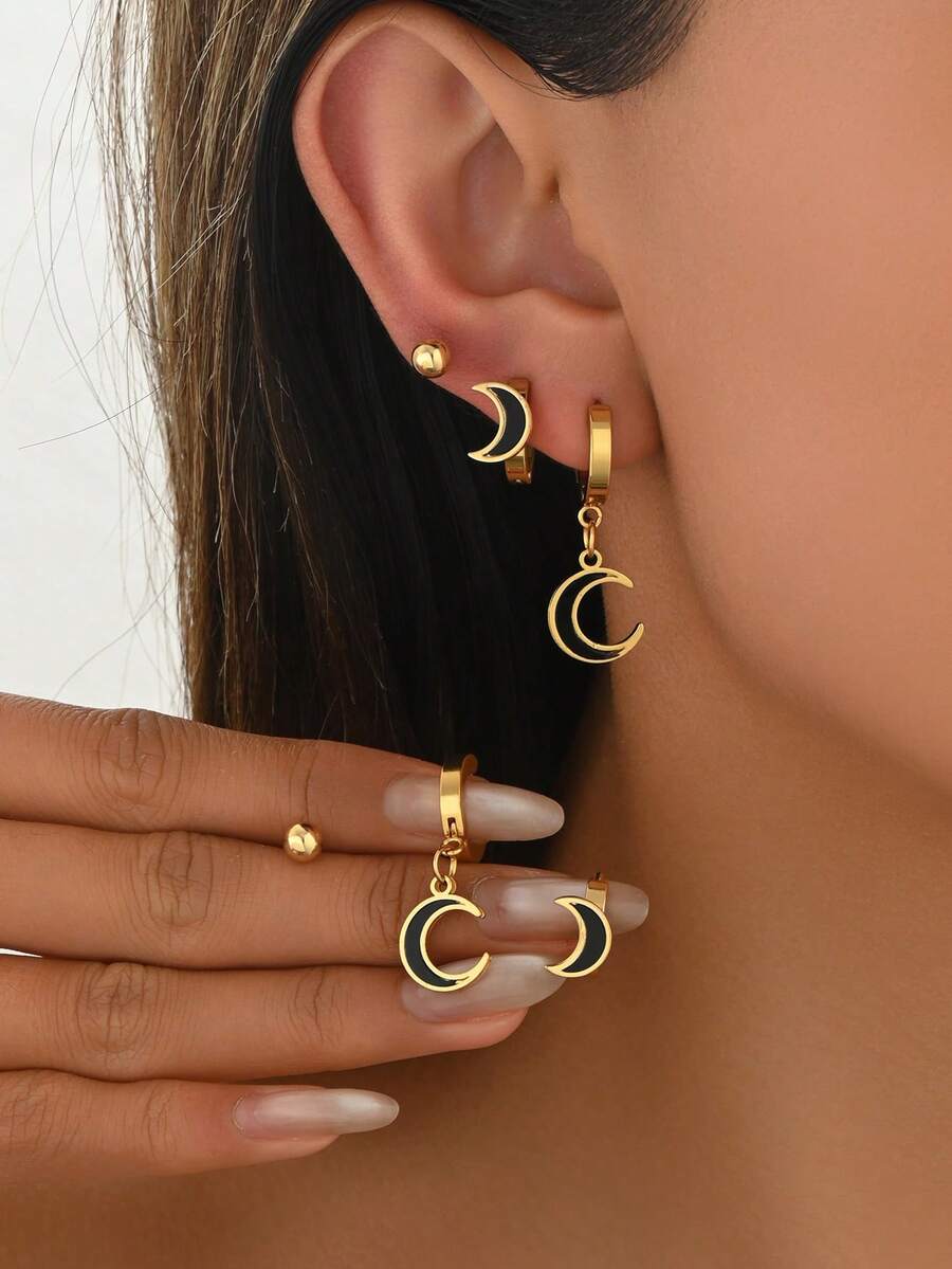 6 pièces Set de boucles d'oreilles pendentif lune minimaliste en acier inoxydable, ensemble de bijoux polyvalents pour un port quotidien pour femmes - multicolore - Voir 1