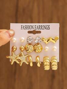 9 Pairs Fashion Gold Tone Earring Set, Minimalist Heart & Starfish Design Thick Earrings, Paired With Pearl & Crystal Stud Earrings, Versatile Jewelry For Work, Date, Night Out, Beach And More - Gold - View 4
