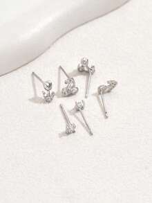 6pcs Spring Tulip Flower Cubic Zirconia Stud Earrings, Fashionable Minimalist Jewelry - Silver - View 3