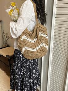 Túi xách cỡ lớn dệt rỗng thời trang dành cho nữ, túi đeo vai bằng rơm kiểu dáng mới cho kỳ nghỉ biển mùa xuân/hè. - Màu Khaki - Xem 4