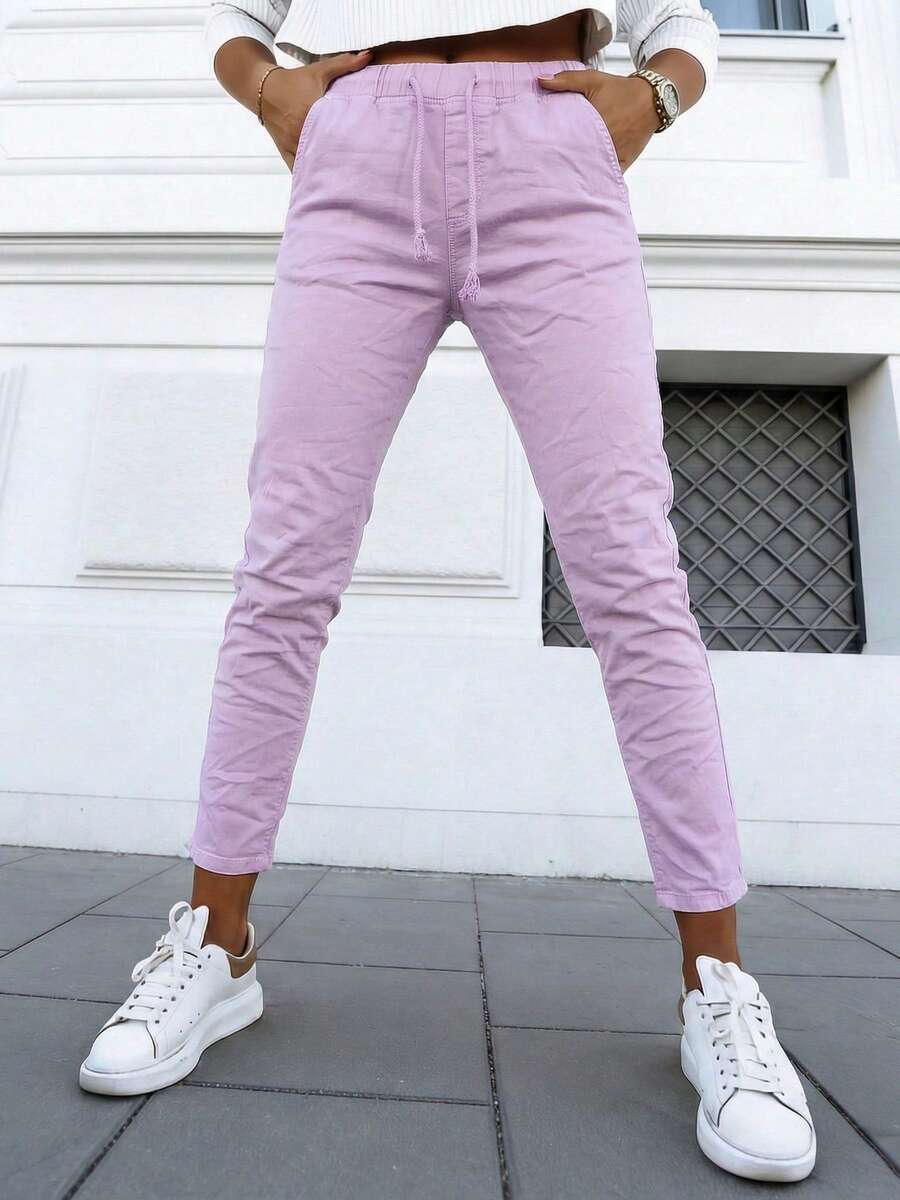 Women's Pink Drawstring Denim Jogger Jeans With Pockets Medium Stretch Casual & Cute For Spring Outfits - Lilac Purple - View 1