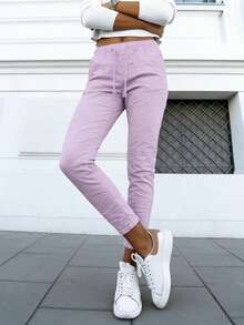 Women's Pink Drawstring Denim Jogger Jeans With Pockets Medium Stretch Casual & Cute For Spring Outfits - Lilac Purple - View 3