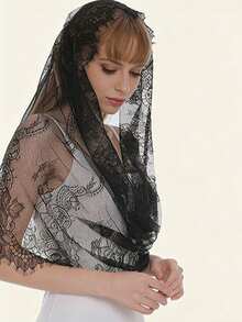 1条女士纯色黑白镂空蕾丝围巾，新款时尚优雅披肩，百搭围巾，适合春、夏、秋季佩戴 - 彩色 - 查看 3