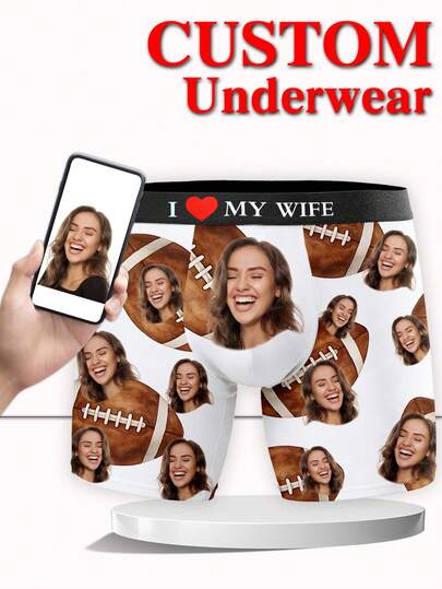 1 Pieza de Calzoncillos Bóxer Personalizados para Hombres, Ropa Interior Personalizada con Impresión de Foto con Diseño Realista de Fútbol Americano, Calzoncillos Bóxer Personalizados Exclusivos para el Esposo, Calzoncillos Bóxer Personalizados con Expresión Divertida, Deportivos, Divertidos, Cómodos, Únicos, Regalo Ideal para el Día de San Valentín, Aniversario, Cumpleaños, Boda para Novio, Esposo, Él, Perfecto para Chicos Deportivos