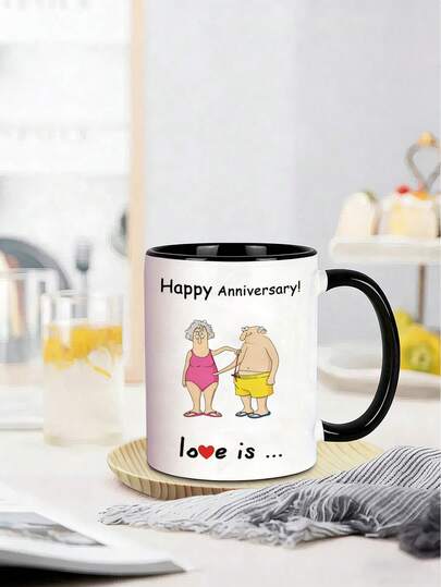 11oz Heartwarming Anniversary Love Ceramic Coffee Mug, Water Cup For Couples - Funny Cartoon Couple Physical Intimate Contact Design. Perfect For Hot & Cold Drinks. A Sentimental & Timeless Gift For Wives, Husbands At Home Or Office, Great For Anniversaries, Birthday & Christmas.