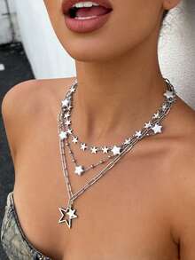 Bộ 3 dây chuyền hình ngôi sao đính sequin và ngọc trai phong cách retro Y2K, dây chuyền đường phố ngọt ngào cá tính dành cho các cô gái. - Bạc - Xem 6