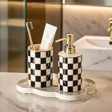 1 Pc 300Ml Ceramic Soap Dispenser Featuring A Multi-Colored Checkerboard Pattern, Designed In A Cylindrical Shape For Refilling. Ideal For Hand Soap, Shower Gel, Shampoo, And Lotion, It Is Perfect For Use In Homes, Kitchens, Bathrooms, And Hotels - Checkerboard Lotion Bottle - View 10