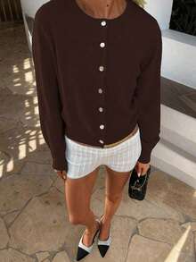 Spring Autumn Winter New Coffee Color Round Neck Single Breasted Knit Women's Top, Casual Y2K Style Cardigan, Suitable For Daily Commute Wear - Coffee Brown - View 4