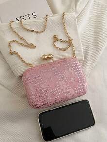 Bolso de mano con estampado floral, elegante bolso de mano con forma de caja rígida y correa de cadena, adecuado para fiestas de noche y regalos para mujeres - Rosa - Ver 7