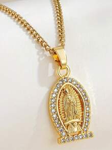 1pc Stainless Steel Gold Chain Vintage Mary Design Necklace Pendant, Unisex Fashionable Casual Streetwear, Suitable For Christmas, Halloween, Daily Wear - Gold - View 1