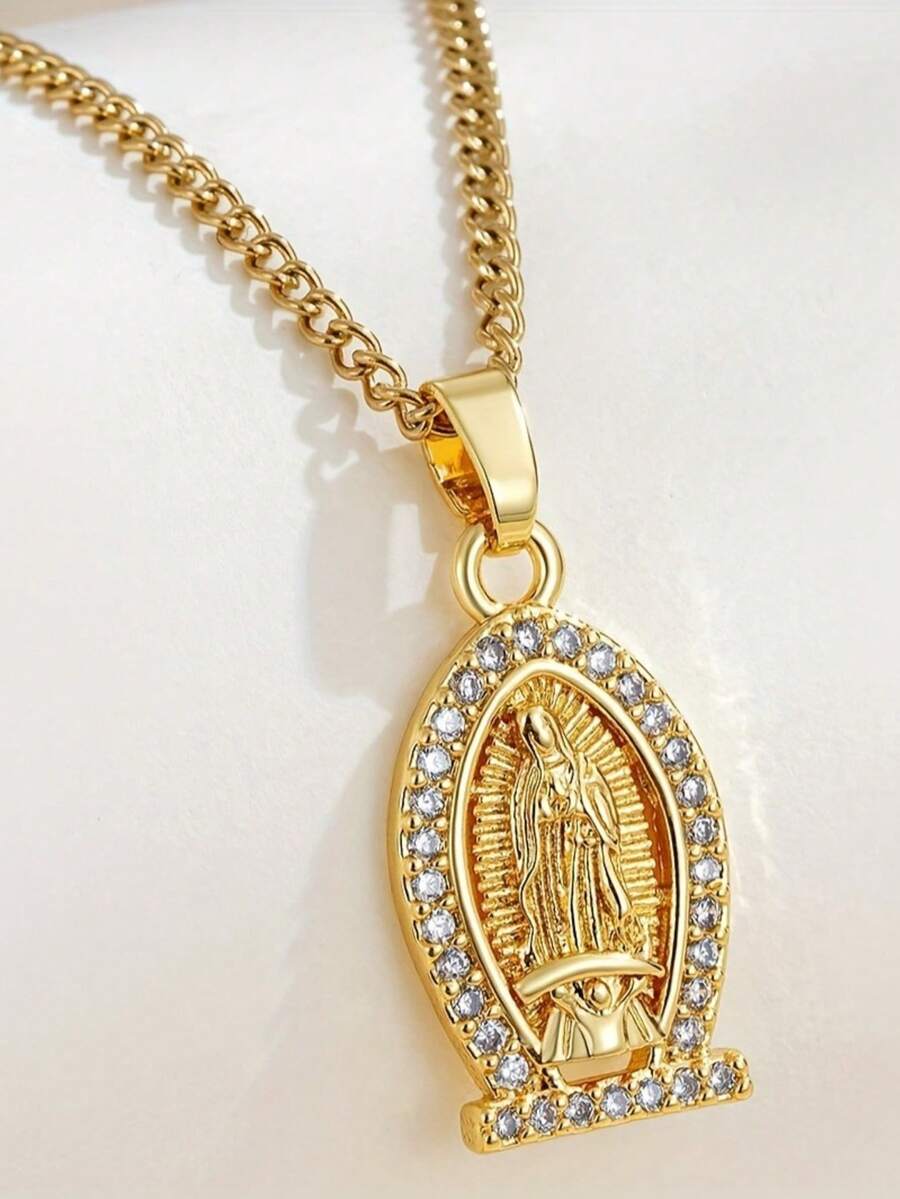 1pc Stainless Steel Gold Chain Vintage Mary Design Necklace Pendant, Unisex Fashionable Casual Streetwear, Suitable For Christmas, Halloween, Daily Wear - Gold - View 1