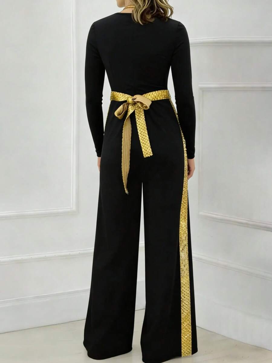 New Fall/Winter Women's Fashionable And Elegant Party Outfit: Patchwork Sequin, Versatile Color-Blocking, Long-Sleeve Everyday Women's Jumpsuit