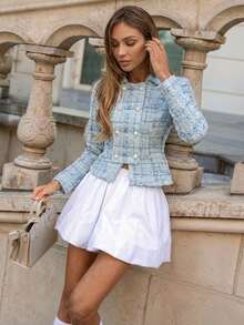 Women's Elegant Light Blue Tweed Double Breasted Short Overcoat - Blue - View 1