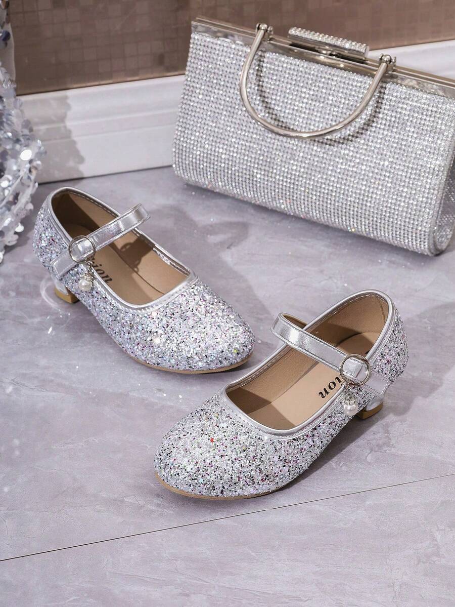 1 Pair Silver Girls' Dance Shoes, Shiny PU Sequin Soft Fabric, Magic Hook & Loop Anti-Slip Design, Round Toe, Durable Thick Heel, Fashionable Cute Princess Shoes, Suitable For Girls' Daily Wear, Party, Performance, Outdoor, 2026 Spring/Summer New Style - Silver - View 1