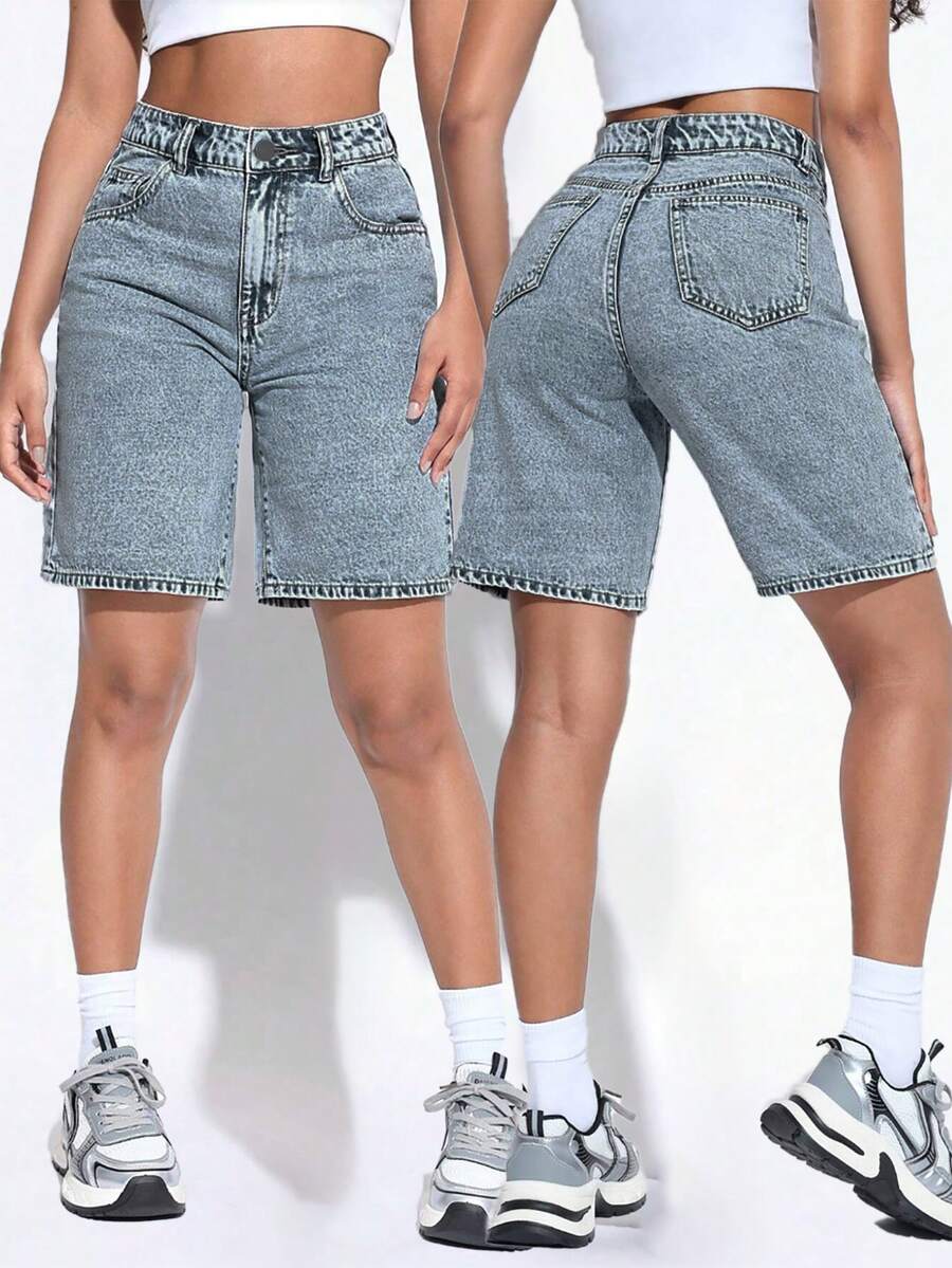女士高腰百慕大牛仔短裤，休闲宽松夏季牛仔短裤 - 水鴨藍 - 查看 1