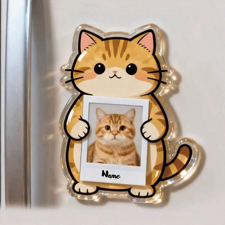 2D个性化定制亚克力猫咪冰箱贴 - 上传您自己的照片和文字，采用可爱的毛茸茸猫咪设计，带有爪印，亚克力厨房装饰冰箱贴。 - F-貓咪冰箱貼 - 查看 1