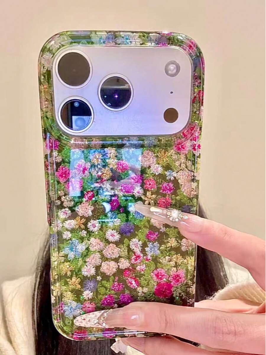 Glittery Grass And Flower Phone Case, Compatible With IPhone 17 Pro Max, 17 Pro, 17 Air, 17, 15, 16 Pro Max, 14 Pro, 13, 12, 11, Soft Back Cover, Suitable As A Gift For Girls - Glitter Grass Flowers - View 1