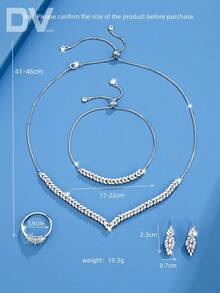 DV JEWELRY 5件套弹力首饰套装，镶嵌立方氧化锆，铂金镀层，奢华项链、手链、耳环、开口戒指，优雅女士首饰套装，派对/周年纪念礼物，附赠礼盒 - 查看 4