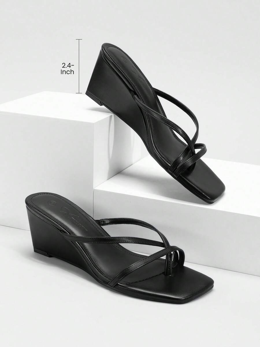 Athlefit Women Square Toe Wedge Sandals Strappy Slip On Slides Flip Flop Heels Summer Casual - 黑色 - 查看 1