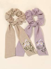2个装花朵刺绣发夹，简约纯色蝴蝶结弹力发带，适合日常佩戴，春夏母亲节发带，青少年发饰 - 彩色 - 查看 2