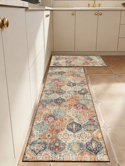 3.5毫米厚软橡胶厨房垫，彩色几何图案吸水厨房地毯，可裁剪以适应厨房尺寸，表面织物材质，中间海绵层，底部橡胶层，适用于厨房地毯、厨房装饰、婚礼装饰、家居装饰、浴室垫、玄关垫、洗衣房垫、走廊地毯、客厅垫等。