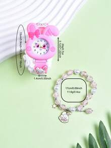 2pcs/Set Cartoon Rabbit Soft Silicone Strap Kids Pointer Watch, Cute Small Quartz Wristwatch, Beaded Bracelet With Rabbit Pendant For Little Girls - Pink - View 4