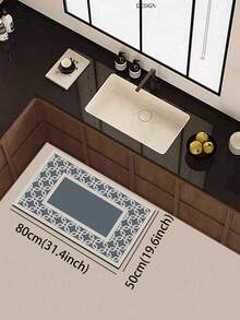 1 件灰蓝色硅胶厨房垫，带连续几何米色边框，简约新中式风格，适用于厨房、浴室、玄关、洗衣房、卧室、客厅装饰 - 彩色 - 查看 7