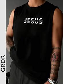 GRDR 男士极简印花休闲宽松圆领背心，百搭夏季街头服饰 - 黑色 - 查看 1