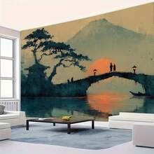 1pc Extra Large Elegant Ink Painting Bridge Tapestry - High-Definition Digital Print,, No Installation Needed,  Japanese Landscape With Sunset Reflections, Perfect For Home Decor, Tapestry Wall Hanging - Multicolor - View 2
