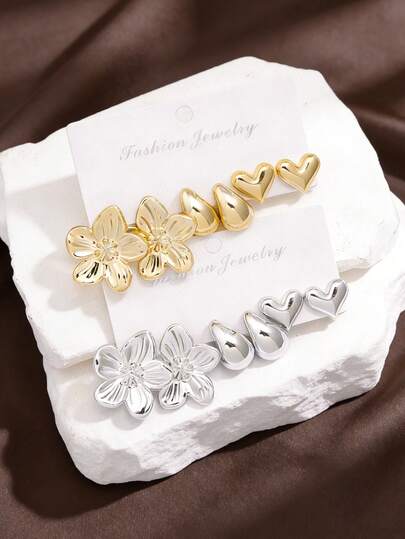 6 Pairs Gold & Silver Flower, Heart, Teardrop Stud Earrings Set - Fashionable Mixed Metal Jewelry, Suitable For Women's Daily Office And Party Wear