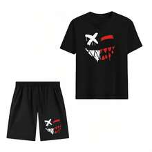 Men's Regular Fit Short Sleeve T-Shirt & Shorts Set, Personality Printed Stylish Casual Outdoor Wear, Pocket & Drawstring Waist Pants, 2 Piece Set,T-Shirt And Shorts Set, Two Piece Set, Casual Set, Summer Outfit, Lounge Set, Short Sleeve Set, Cotton Set, Mens Set,Matching Set, Sport Set, Tracksuit Set, Comfort Set, Daily Outfit, Lounge Wear,Casual Wear,Cotton T-Shirt, Casual Tee, Short Sleeve, Crew Neck, Vintage Tee, Fashion T-Shirt, Loose Fit, Regular Fit,Shorts, Casual Shorts, Summer Shorts, Cotton Shorts, Athletic Shorts, Gym Shorts, Lounge Shorts, Beach Shorts,Daily Shorts,Outdoor Wear,Printed Set - A pair of black shorts - 查看 2