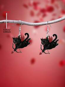 1 Pair 2D Flat Heart & Archer Cat Acrylic Pendant Earrings, Elegant Minimalist Style Jewelry Earrings For Women, Suitable For Daily Wear And Vacation - Black - View 1