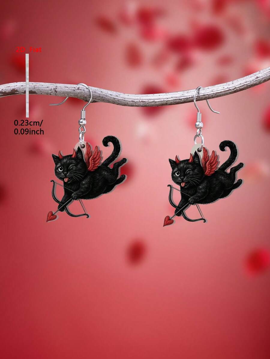 1 Pair 2D Flat Heart & Archer Cat Acrylic Pendant Earrings, Elegant Minimalist Style Jewelry Earrings For Women, Suitable For Daily Wear And Vacation - Black - View 1