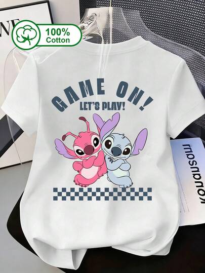 Disney Women's Daily Short Sleeve T-Shirt With Le Roy And Blue Crossed Arms, As Well As Checkered Print Pattern. 100% Cotton. Suitable For Outdoor Wear, Summer Wear, And Women's Graphic Print T-Shirt.