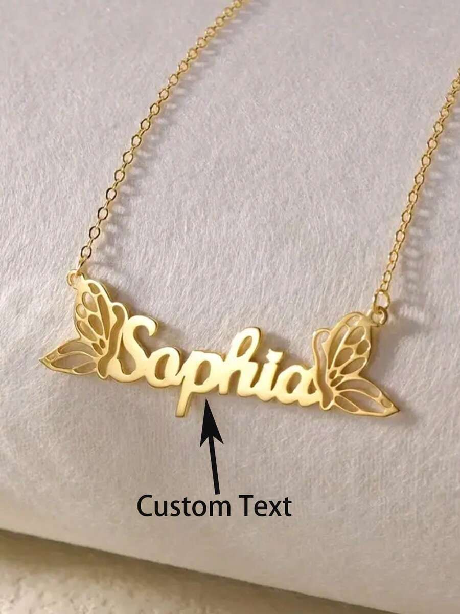 Customized Silver Stainless Steel Name Necklace - Personalized Handwritten Name Pendant, Men's Fashion Minimalist Hip-Hop Style Necklace, Unique Jewelry Gift For Him - Butterfly - View 1