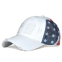 Women's Vintage-Style American Flag Baseball Cap, Featuring Decorative Stars And Stripes, Adjustable Snapback, Lightweight Washed Trucker Hat, Suitable For 4th Of July Independence Day, Sports, And Casual Wear - Ponytail-Friendly Design. - 白色 - 查看 8