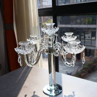 1 pieza Candelabro de cristal de 5 brazos, soporte de vela para decoración de boda para comedor, sala de estar