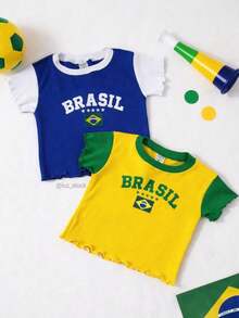 Cropped T-Shirt Brazil Kids Teen Girls World Cup National Team Babylook Fan Sizes 4 To 14 Viscolycra Green Blue Yellow - 藍色 - 查看 4