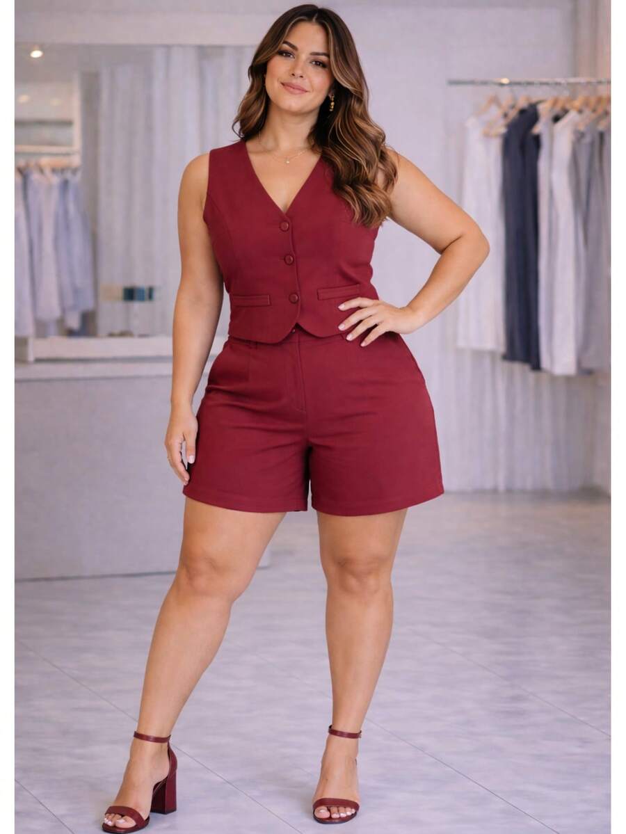 Tailored Suit, Charlotte Plus Size, Shorts + Vest - 紅木色 - 查看 1