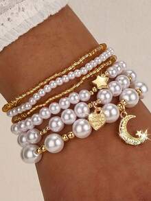 6 Pcs/Set Star And Moon Beaded Bracelet - Creative String Beads For Daily Wear - Multi-Layered Bracelet - Multicolor - View 2