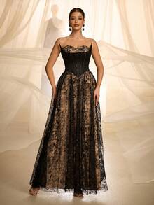 VIPGIRL Đầm dài không tay lệch vai thanh lịch dành cho nữ, đầm dạ hội sang trọng với chi tiết bèo nhún tinh tế, chất liệu vải dệt kim, trang phục dạ hội trang nhã. - màu đen - Xem 5