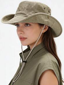 1pc Women's Spring/Summer Foldable Solid Color Bucket Hat With Windproof Rope, Fashionable Sun Hat, Wide Brim Beach Hat - MZ698S - View 9