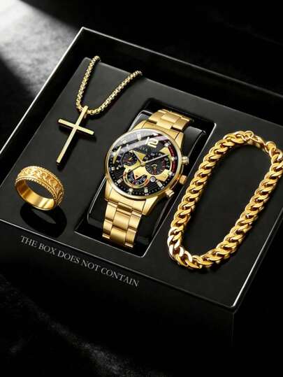Bộ 4 món đồng hồ nam thời trang công sở, đồng hồ thạch anh mặt tròn lớn mạ vàng thép, bộ trang sức, vòng tay cá nhân hóa, dây chuyền mặt thánh giá, nhẫn, thích hợp đeo hàng ngày, thích hợp cho các lễ hội, đi làm, quà tặng cho nam giới.