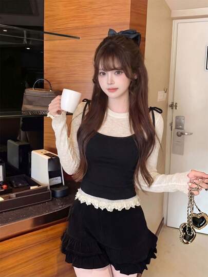 春夏韩版女式杏色针织长袖上衣 - 优雅、纯洁、甜美蕾丝边薄纱外套（杏色仅限内搭），适合日常穿着、约会、休闲聚会、海滩度假