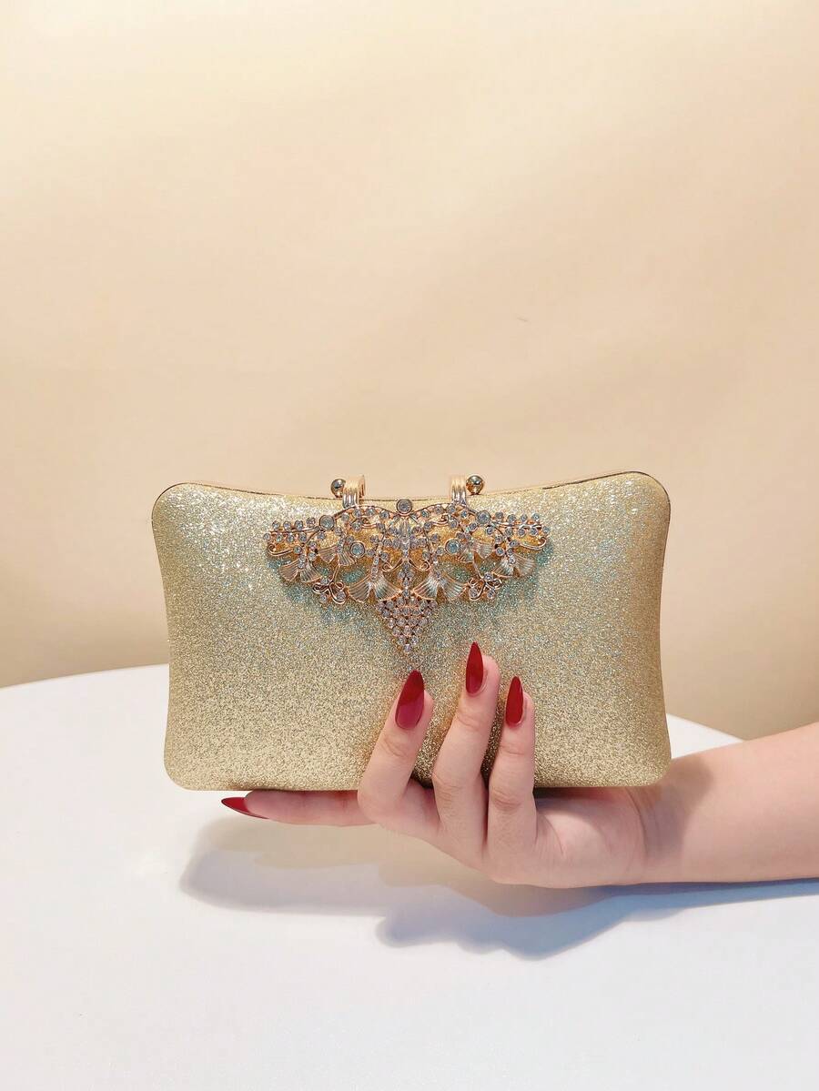 Túi xách dự tiệc thiết kế giản dị thời trang, ví cầm tay nhỏ màu đen đính lá kim loại lấp lánh, thích hợp cho tiệc tùng, ăn tối, tiệc chiêu đãi, có dây đeo vai. - Vàng - Xem 1
