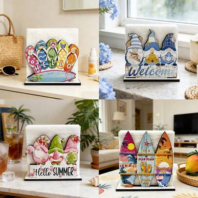 1/4 piezas Caja de pañuelos de estilo veraniego con diseño de madera de zapatilla, velero, gnomo, dispensador de papel higiénico rústico, adecuado para restaurante, cafetería, cocina del hogar, decoración de fiesta