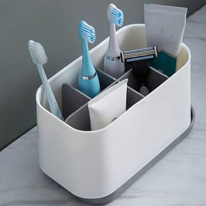 Organizador de baño moderno de varios compartimentos - Soporte desmontable para cepillo de dientes y pasta de dientes con drenaje de agua, ideal para cepillos, peines y artículos de tocador
